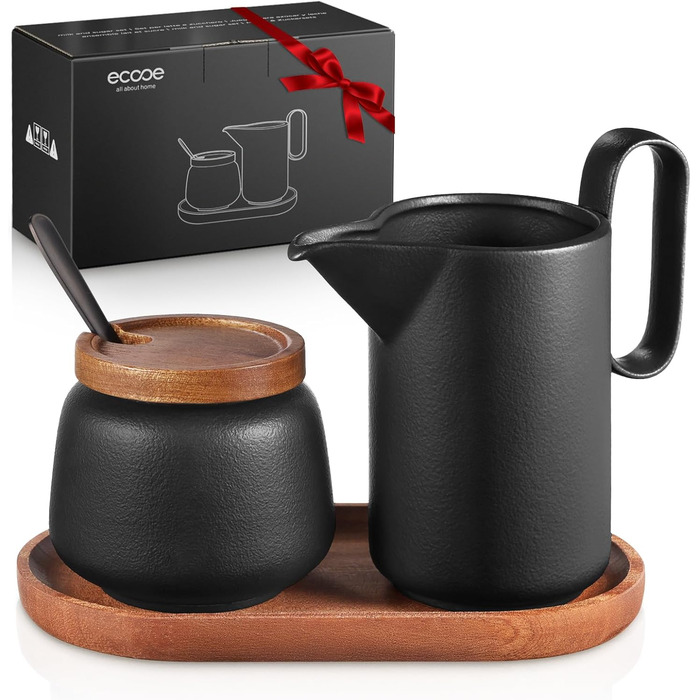 Набір для молока та цукру з кришкою та металевою ложкою, 5 предметів чорний ecooe