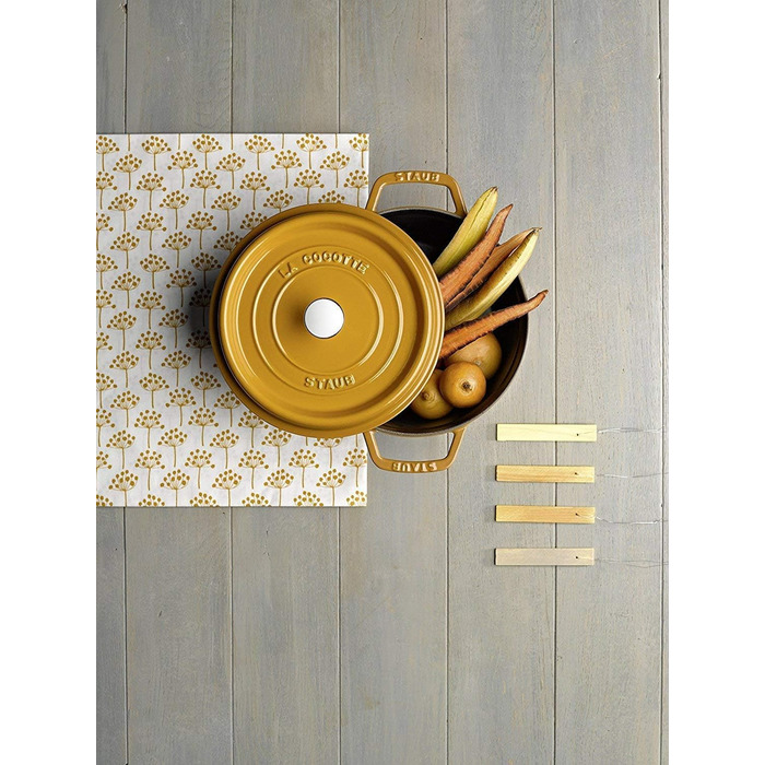 Чавунна каструля/кокотниця STAUB, кругла, 8,35 л, функція Ароматичний дощ для оптимального зволоження, для всіх типів варильних поверхонь, включаючи індукційні та духові шафи, (гірчично-жовтий, 20 см)