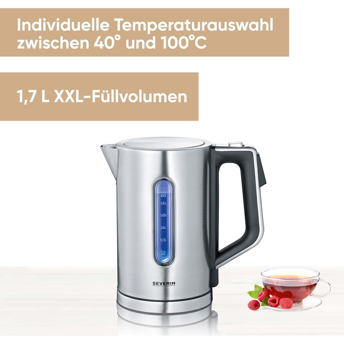 Цифровой чайник SEVERIN с быстрым кипячением и индивидуальным выбором температуры, обем наполнения 1,7 л XXL, матовая нержавеющая сталь / черный, 3000 Вт, 100 без бисфенола А, WK 3418 одинарный