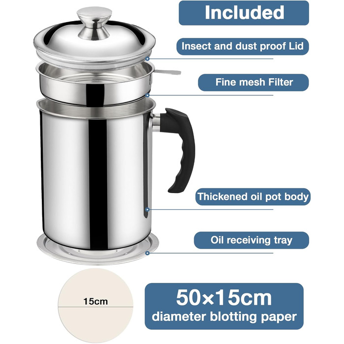 Контейнер для отбора масла 2 л с крышкой, нержавеющая сталь Cyiecweu