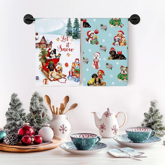 Набір з 4 кухонних рушників Arquiel Зимові різдвяні ялинки Різдвяні кухонні рушники Декоративні 100 бавовняні рушники для сушіння Абсорбуючі подарунки на свята Новосілля 48 см x 70 см (Різдвяні собачки, 48 см x 70 см, набір з 2 шт.)