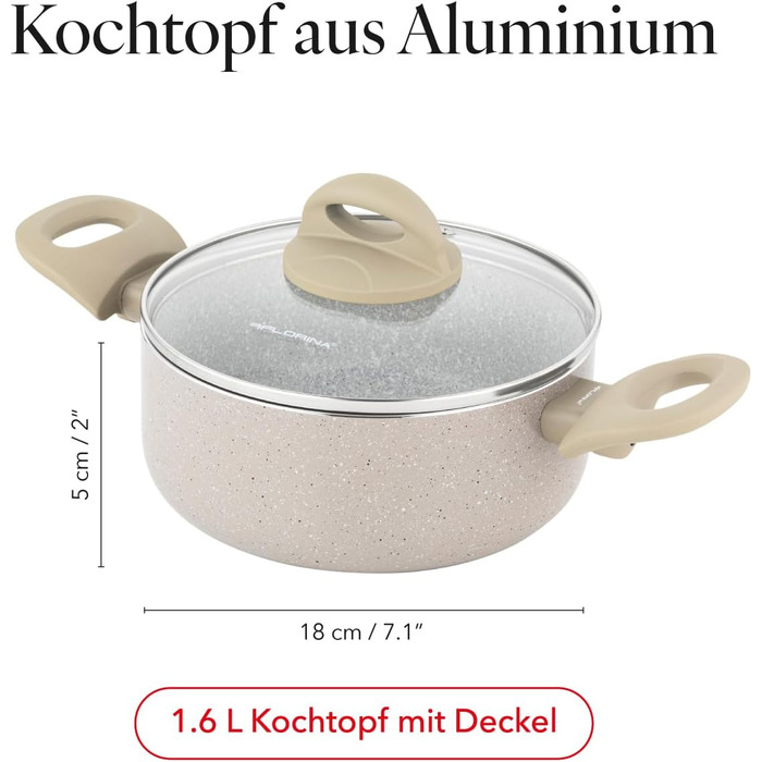 Алюмінієва каструля FLORINA 16 см 1,6 л Підходить для індукції Керамічне покриття, стійке до подряпин М&39яка ручка під дерево Термостійка Для всіх варильних поверхонь Легко миється (ISLA, 1,6 л - 18 см)