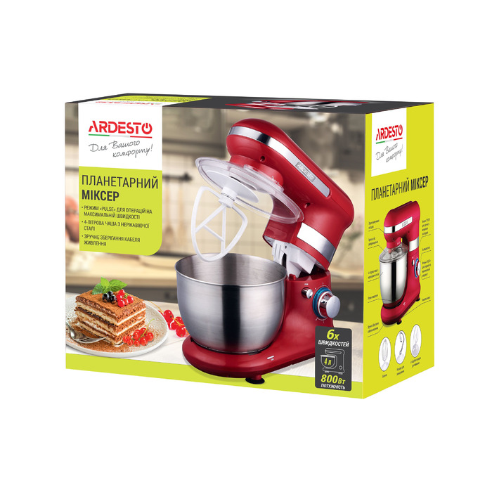 ARDESTO Міксер планетарний 800Вт, насадки-3, чаша-нерж., метал, 4л, Pulse-режим, червоний