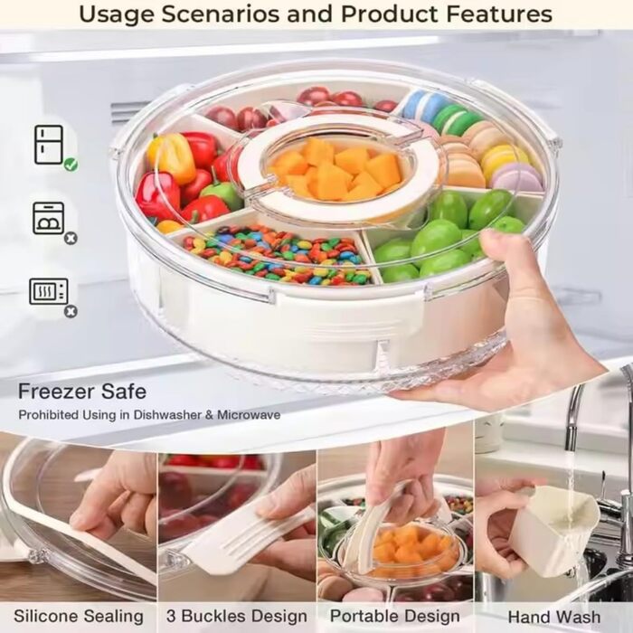 Сервірувальна тарілка у формі миски для закусок, контейнер для солодощів та горіхів із пластику з кришкою з 8 відділеннями, тарілка для закусок, фруктова тарілка, коробка для зберігання десертів, спецій (кругла / 6 відділень)