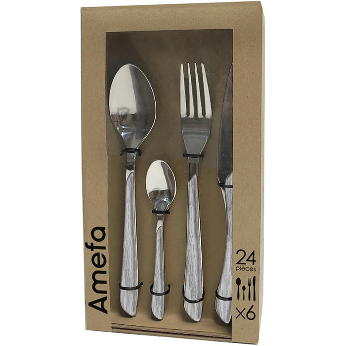 Набор столовых приборов, 24 предмета, набор столовых приборов на 6 человек, коричневые пластиковые ручки под дерево, можно мыть в посудомоечной машине, столовые приборы из нержавеющей стали, светлое дерево (серое дерево)