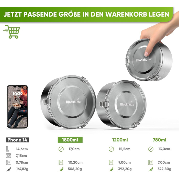 Дитячий ланч-бокс Blockhtte преміум-класу з нержавіючої сталі, круглий I, 780 мл, I зі штифтом Spork і двома ущільнювачами, I Герметичний ланч-бокс із нержавіючої сталі I Металевий шкільний ланч-бокс I Чаша для духовки, яку можна мити в посудомийній машин