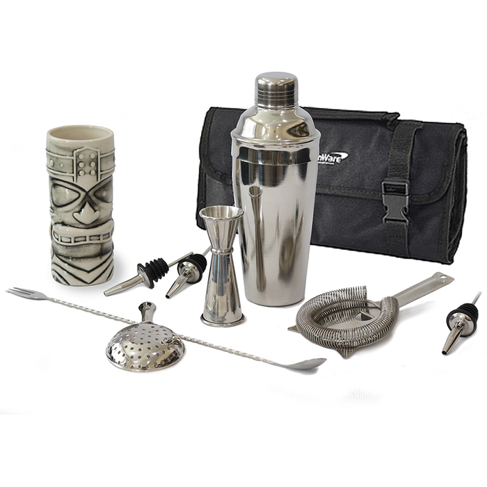 Набір бармена з сумкою, 9 предметів, сатинована сталь, GenWare + ПОДАРУНОК келих TIKI