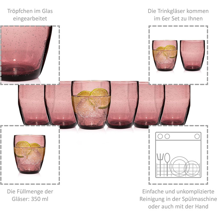 Набор бокалов для питья Singer Porto Набор стеклянных бокалов из 6 предметов на 6 человек, стакан для воды, разноцветный, уникальная огранка, повседневный, семейный ужин, офис, набор стаканов для сока на открытом воздухе 310 мл (London Purple 6 шт.)