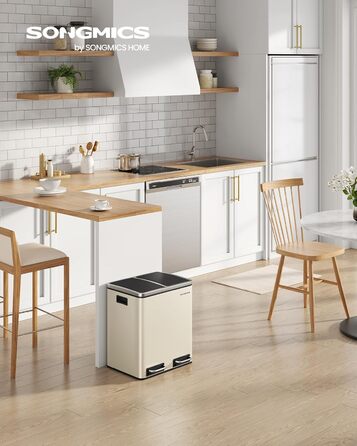 Кухонний контейнер для сміття SONGMICS, 2 x 15 літрів, система розділення сміття, 2 відділення, включаючи 15 мішків для сміття, відро для сміття, відро для сміття з педалями, перероблені відходи, органічні відходи, кришка з мяким закриттям, LTB30BK (пісоч