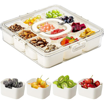 Сервірувальна тарілка у формі миски для закусок, контейнер для подачі солодощів та горіхів із пластику з кришкою з 8 відділеннями, тарілка для закусок, фруктова тарілка, ящик для зберігання десертів, спецій (12 відділень)