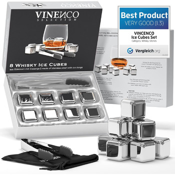 Набір каменів для віскі - 8 багаторазових кубиків льоду, щипці, тканинний мішок, VINENCO
