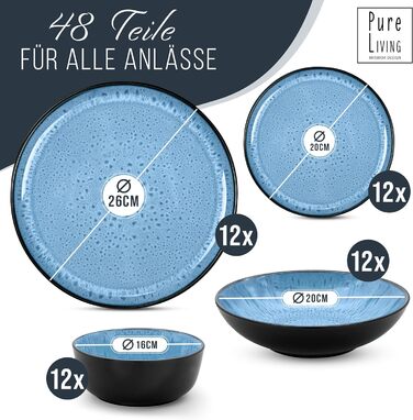 Керамогранітна глибока тарілка ТЕСТ ДУЖЕ ХОРОШИЙ Серія Ibiza Тарілки для макаронів Noble, тарілки для супу Deep стильні тарілки для пасти 6 персон - Набір посуду 6 персон, обідні тарілки, набір посуду Black With (набір із 48 предметів, темно-синій), 6 шт.