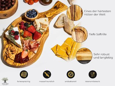 Дошка для стейків з оливкового дерева, дошка з оливкового дерева Обробна дошка, дерев'яна дошка, дошка для сервірування, дошка для сніданку, сирна дошка сільська довжиною приблизно від 40 до 43 см, товщиною приблизно 2 см (43-45 см, сільська з жолобком дл