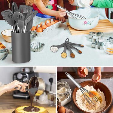 Набор кухонной утвари Herogo из 30 предметов с держателем, набор силиконовой кухонной утвари с ручкой из нержавеющей стали, жаропрочная кухонная утварь, можно мыть в посудомоечной машине, (серый)