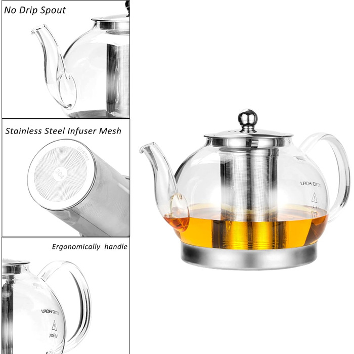 Термостойкий чайник из прозрачного стекла со семным ситечком, 1,2л TOYO HOFU