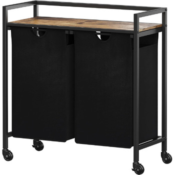 Кошик для білизни Lifewit, що перекочується, 95 л 2 висувні кошики для білизни з верхньою полицею та 2 знімними мішками та ручками, сортувальник білизни для пральні, спальні, ванної кімнати та гуртожитку, чорний 76x33,5x78 см сільський коричневий чорний