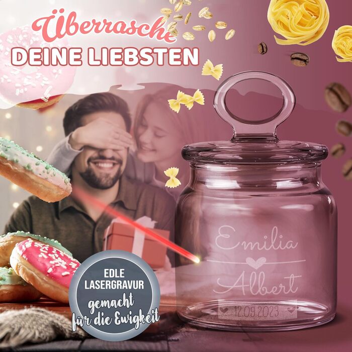 Скляна банка для печива з персоналізованим друком та гравіюванням - 800 мл - з сердечком, іменем та датою як подарунок для жінки на річницю Ідеї персоналізованих подарунків на річницю (550 мл)
