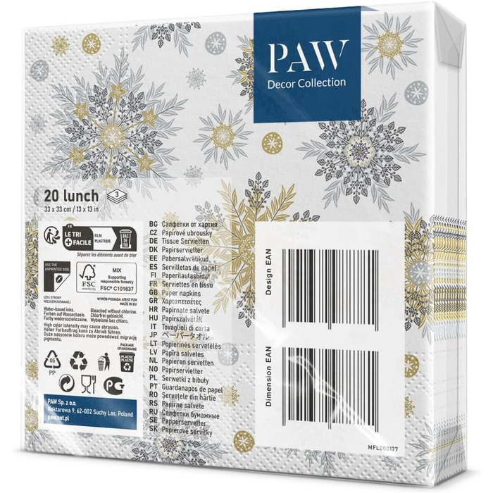 Серветки 3-шарові (33 x 33 см) I 20 шт. I Різнокольорові паперові серветки, ідеальні для різдвяного столу I Серветки - Різдво, зима, зірки, сніг, сніговики I (Срібні сніжинки)