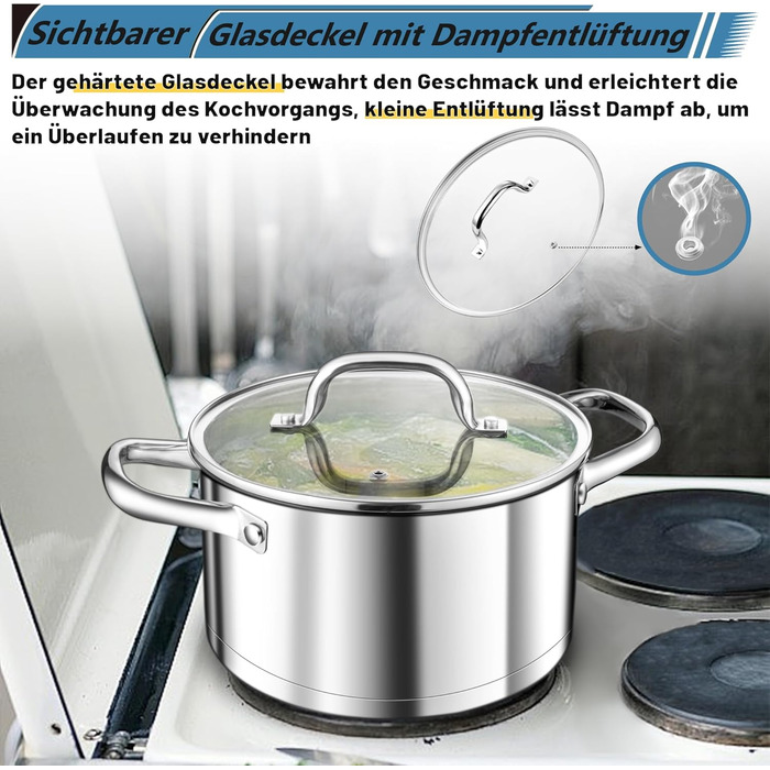 Велика каструля TEAMFAR, каструля з нержавіючої сталі, індукційна каструля, скляна кришка, 3-шарове дно для всіх типів плит, каструля для пасти 26 см, каструля для м&39яса, без покриття та нетоксична, можна мити в посудомийній машині (3,8 літра)