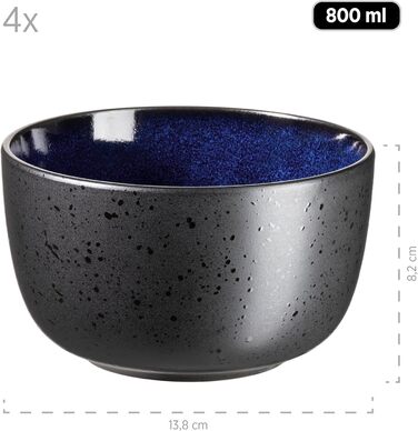 Сучасний набір для 4 осіб у захоплюючому вінтажному образі, великі плоскі обідні тарілки з кераміки, керамограніту, сірого/чорного кольору (зернові миски, сині / чорні)