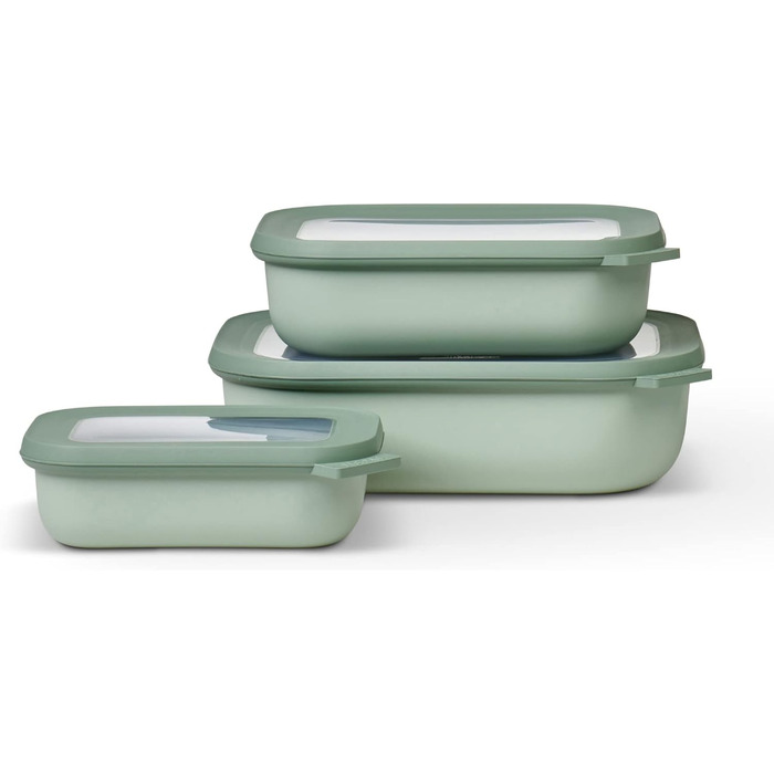 Прямокутний набір з 3 предметів Cirqula з кількох лотків - Банки для зберігання з кришкою - Підходить як ящик для зберігання, холодильник, морозильна камера та посуд для мікрохвильової печі - 750, 1500 і 3000 мл - (Nordic Sage, набір 3 шт. и (500, 1000, 2