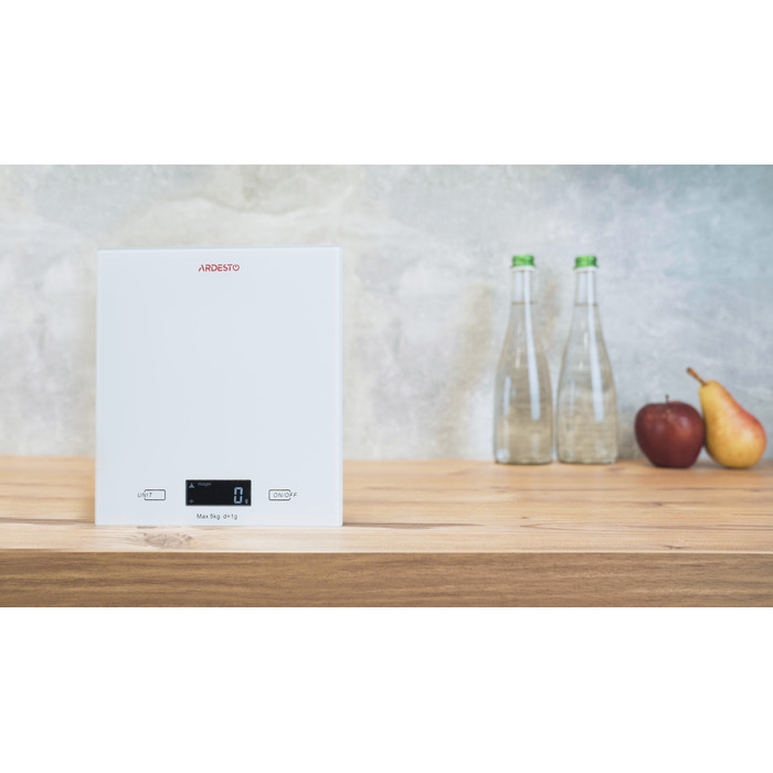 ARDESTO Ваги кухонні, 5кг, 2хААА в комплекті, скло, білий