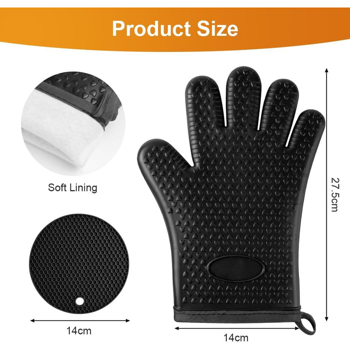 Набір рукавичок для духовки AUAUY, 1 пара силіконових рукавичок для духовки з 2 тримачами для каструль, нековзні кулінарні рукавички, термостійкі рукавички для духовки, рукавички для кухні, приготування їжі, випічки, гриля, барбекю (чорні-п&39ять пальців)