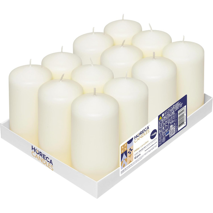 Свічки Horeca - Стовпчасті свічки - Ø x 12 см - Набір блочних свічок - Тривалий час горіння 40 годин - Без аромату - Свічки для дому, вечірок та кейтерингу (слонова кістка, 12)