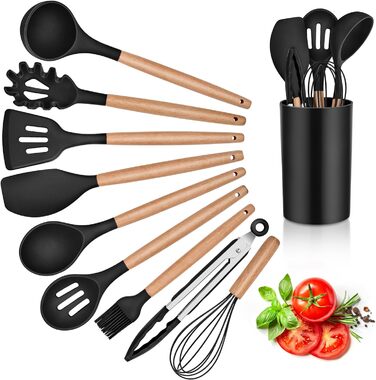 Набір кухонного посуду Herogo з тримачем, 10 предметів Силіконовий кухонний посуд з дерев'яною ручкою, термостійкий і антипригарний, кухонна лопатка Лопатка Лопатка Щипці Гаджети Набір посуду - (чорний)