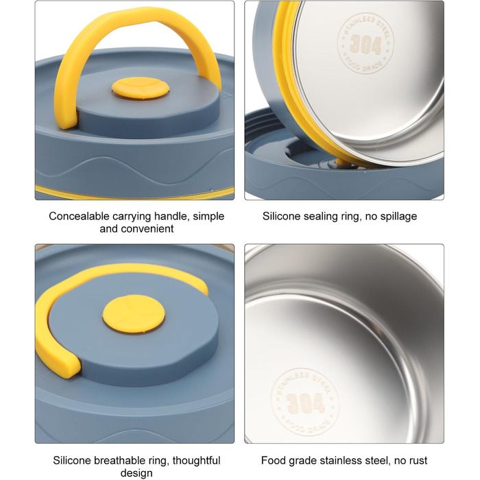 Термоконтейнер Tissting з ручкою, контейнер для гарячого обіду на 420 мл, коробка для обіду Bento, двошаровий портативний термоконтейнер круглої форми з нержавіючої сталі 304 (теплоізоляційна модель синій)