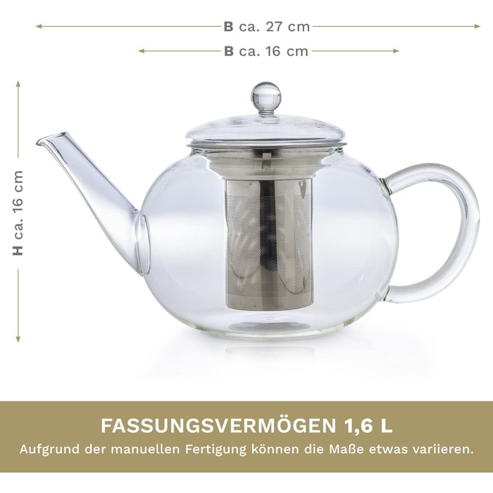 Скляний чайник із 3 частин із вбудованим ситечком 1,6 л Creano