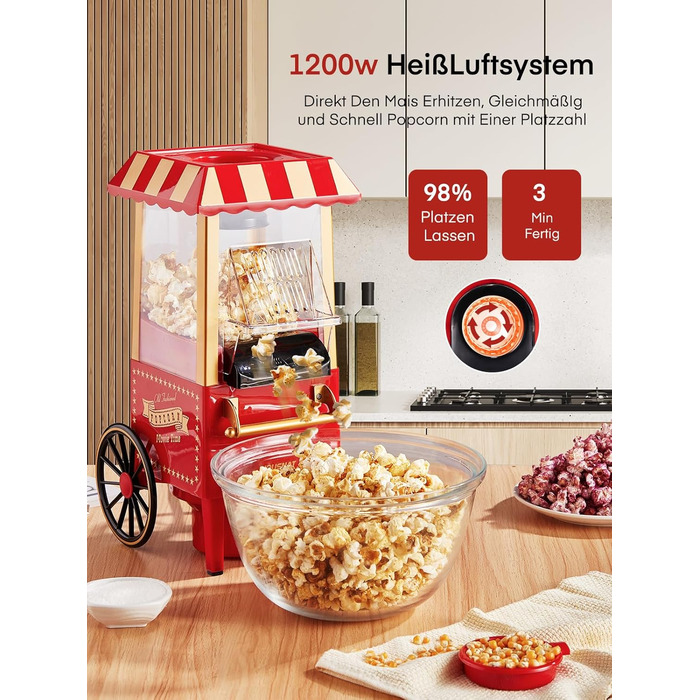 Машина для попкорну 3,5 л у вигляді візка, 1200 Вт, червона HOUSNAT
