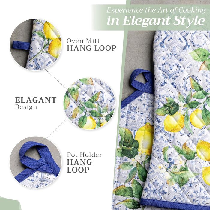 Рукавички для духовки Maison d&39 Hermine, Прихватки для каструль, 100 бавовна, термостійкі кухонні рукавички, рукавички для духовки (19 x 33 см) та прихватки для каструль (20 x 20 см) для приготування їжі, Morzine - Рукавички для духовки (19 x 33 см) та 