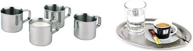 Набір глечиків для молока APS з 4 шт. , маленькі глечики для вершків для кави/молока, глечик для вершків, вміст 25 мл, нержавіюча сталь (комплект із піддоном для подачі 26,5x19,5x0,5 см)
