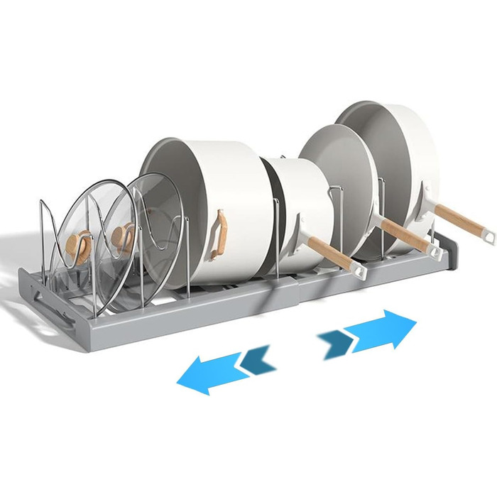 Розширюваний органайзер для каструль, органайзер для каструль та сковорідок, нековзний, регульований розмір, багатоцільовий органайзер для каструль у шафі з 7 тримачами для кухонь, офісів, ресторанів (сірий)