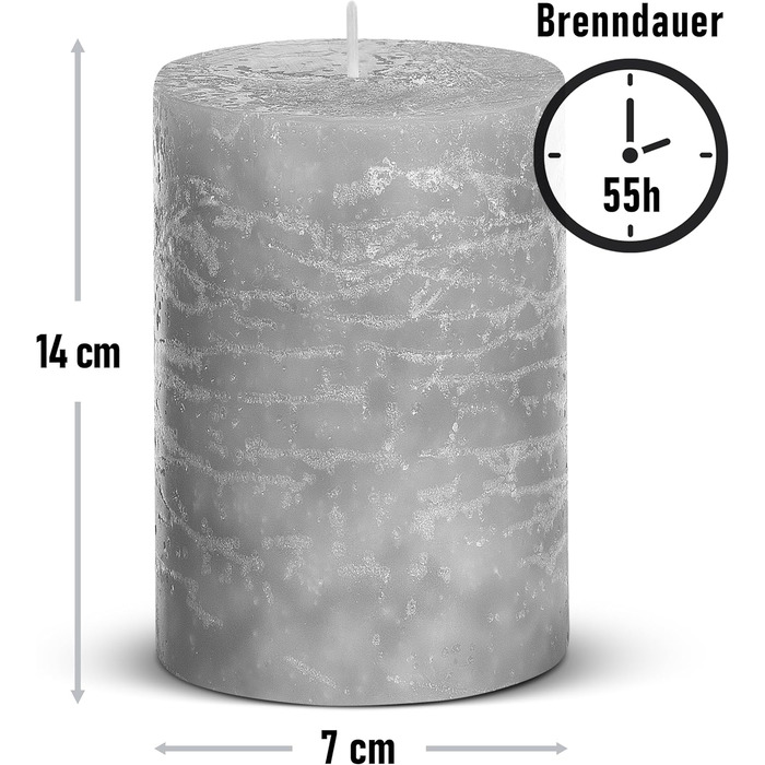 Набір із 4 свічок-стійок Brandsseller 7 x 10 см Однотонні та виготовлені з парафіну Сільські свічки з тривалим часом горіння Декоративні свічки для прикраси столу, Різдва та вечірок (7 x 14 см Набір із 4 шт. , сірий)