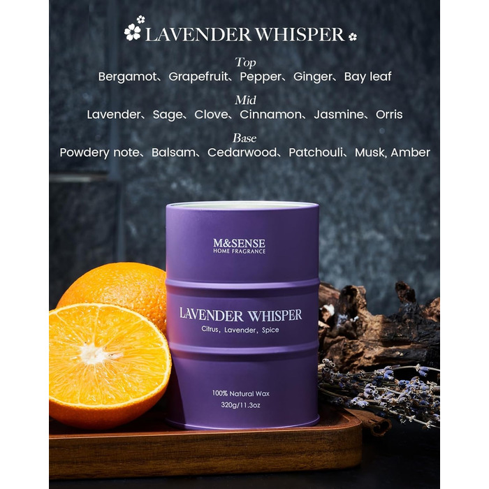 Ароматичні свічки M&SENSE з натурального соєвого воску, натуральна соєва свічка для домашнього декору, тривалий час горіння до 70 годин, класні подарунки-свічки для чоловіків і жінок (320 г, шепіт лаванди)