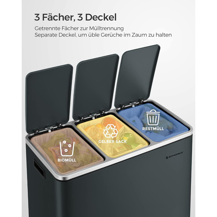 Кухонний контейнер для сміття SONGMICS, 3 x 18 л, система розділення сміття з 3 відділеннями, включаючи 15 мішків для сміття, відро для сміття, відро для сміття на педалі, для перероблених відходів, органічних відходів, з кришкою, LTB54BK (зелено-сірий)