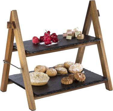 Стійка для сервірування APS/підставка для торта 2-ярусна рама з дерева акації з двома шиферними верхніми частинами розбірна, миється також підходить для холодних страв і для охолодження Підставка для торта 2 яруси - прямокутні