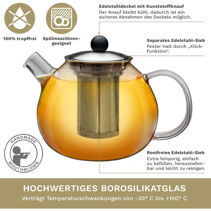 Скляний чайник Creano 1.3 л, скляний чайник із 3 частин із вбудованим ситечком з нержавіючої сталі та скляною кришкою, ідеально підходить для приготування сипучих чаїв, без крапель, моноблок (1,6 л)