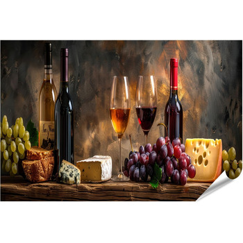 Полотно з друком сільського натюрморту з пляшками вина, келихами, виноградом, сиром, хлібом на дерев&39яному столі, картини, настінний художній постер (постер 90x60 см)