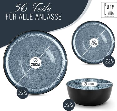 Набір посуду з керамограніту 6 персон Ibiza 24 шт. - Середземноморський набір посуду, посудомийна машина, мікрохвильова піч і захист від подряпин - Набір мисок і тарілок - Посуд Pure Living Black в димчасто-блакитному кольорі (набір з 36 предметів)