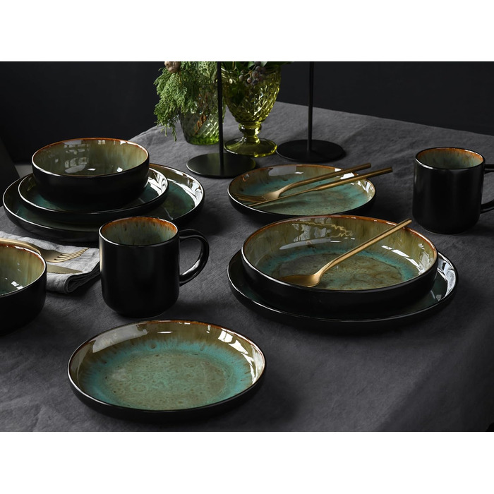 Серія Nordic Fjord набір посуду з 18 предметів, набір керамічних тарілок (комбінований сервіз 10 шт. , Зелений), 21551