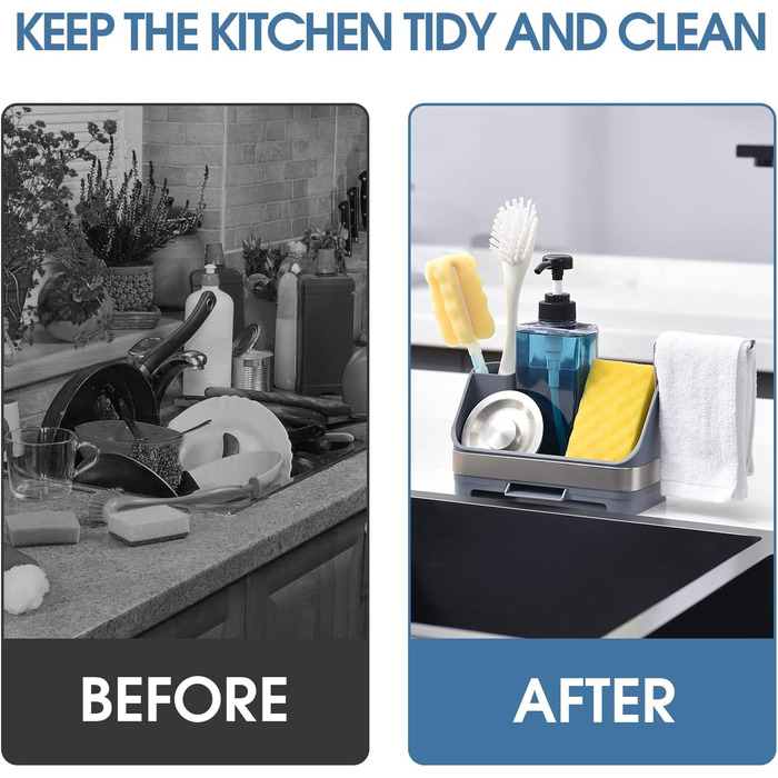 Органайзер для посуду APEXCHASER, дозатор мила з тримачем для губки, органайзер для раковини з нержавіючої сталі, мийка з нержавіючої сталі, кухонний органайзер з дозатором мила, піддон для крапель для кухні