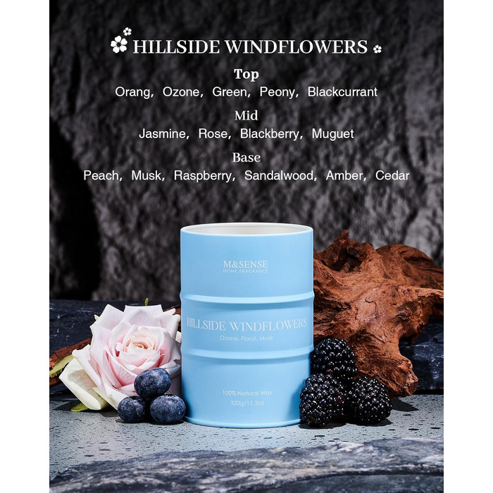 Ароматичні свічки M&SENSE з натурального соєвого воску, натуральна соєва свічка для домашнього декору, тривалий час горіння до 70 годин, класні подарунки-свічки для чоловіків і жінок (320 г, Hgelfeld Windblumen)