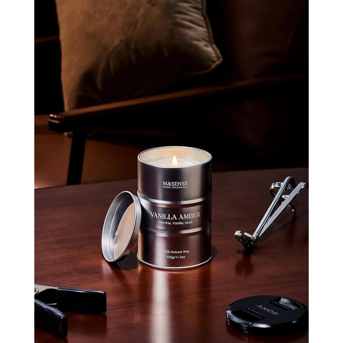 Ароматичні свічки M&SENSE з натурального соєвого воску, натуральна соєва свічка для домашнього декору, тривалий час горіння до 70 годин, класні подарунки-свічки для чоловіків та жінок (320 г, ванільно-бурштиновий)