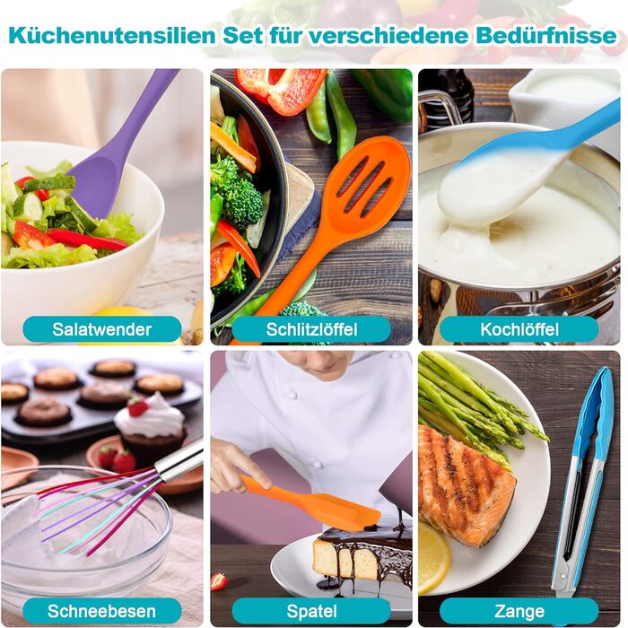 Набор кухонных гаджетов Herogo, набор силиконовой кухонной утвари из 22 предметов с держателем для посуды, термостойкие кухонные столовые приборы, кухонная утварь, здоровая и антипригарная, можно мыть в посудомоечной машине, (красочный)