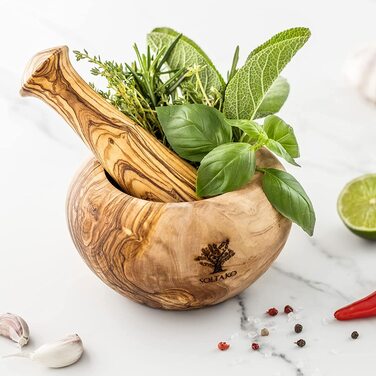 Оливковая ступка и набор пестиков - Ступка - Деревянная ступка - Экологичная ступка для трав и специй Ø Диаметр около 12 см Круглый Ø 12 см