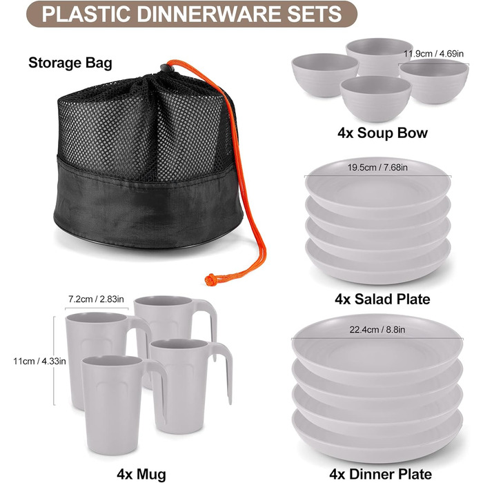 Набор посуды Odoland Столовый сервиз 17 шт. Столовый сервиз для кемпинга Комбинированная сервировочная посуда с тарелками, мисками и кружками Подарочный набор на 4 персоны Кухонный многоразовый (серый)