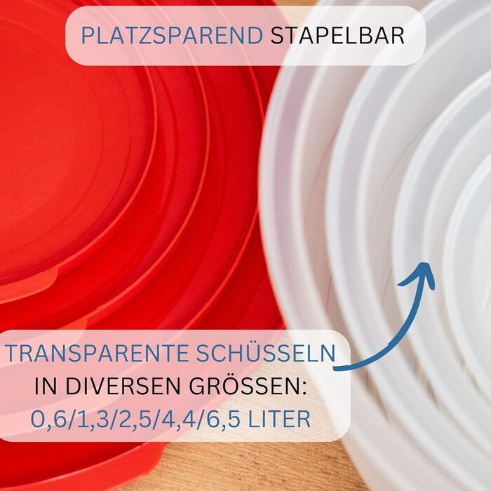Набор чаш Westmark, 4 чаши с крышками и ситом/ситечком, 9 шт., емкость 0,6/1,3/2,5/4,4 литра, пластик, без бисфенола А, Olympia, цвет прозрачный/ 2420226A (набор из 3 шт., красный)